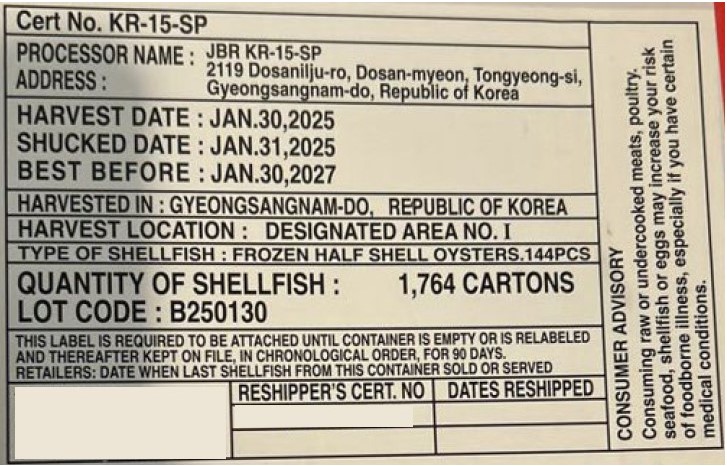 Frozen half-shell oysters from the Republic of Korea recalled due to potential norovirus contamination