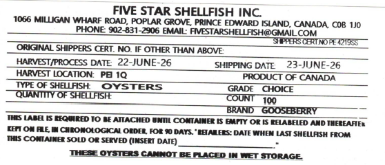 Certain Five Star Shellfish Inc. brand oysters recalled due to Salmonella