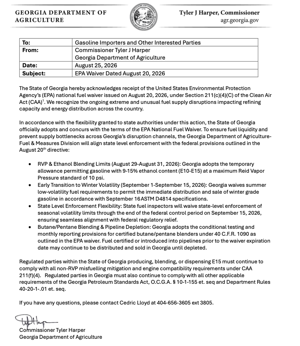 Georgia Department of Agriculture Approves Federal Fuel Waiver to Boost Fuel Supply and Lower Gas Prices