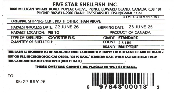 Certain Five Star Shellfish Inc. brand oysters recalled due to Salmonella
