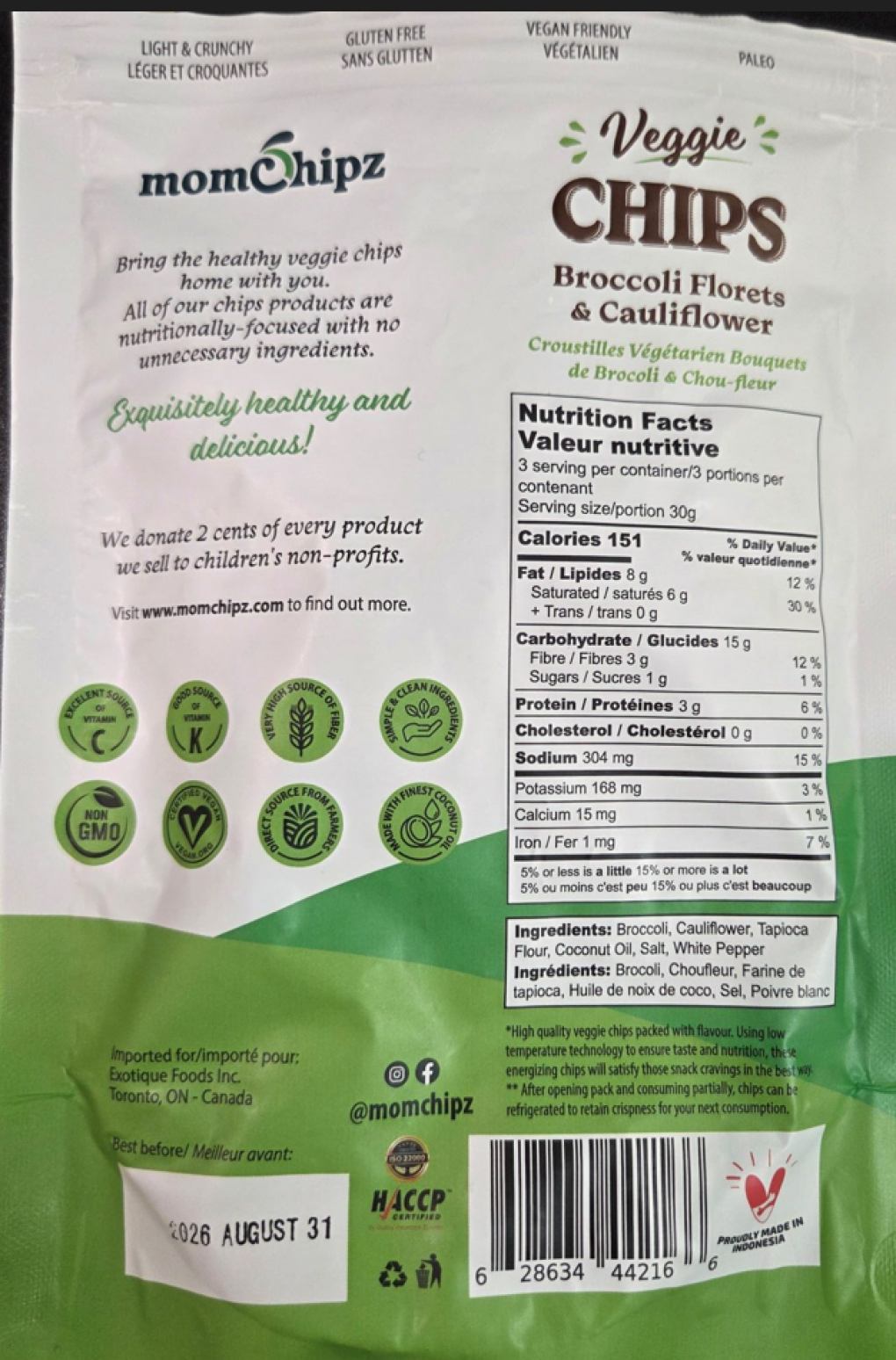 Exotique Foods Inc Recalls Momchipz Veggie Chips Broccoli Florets & Cauliflower Due to Undeclared Gluten