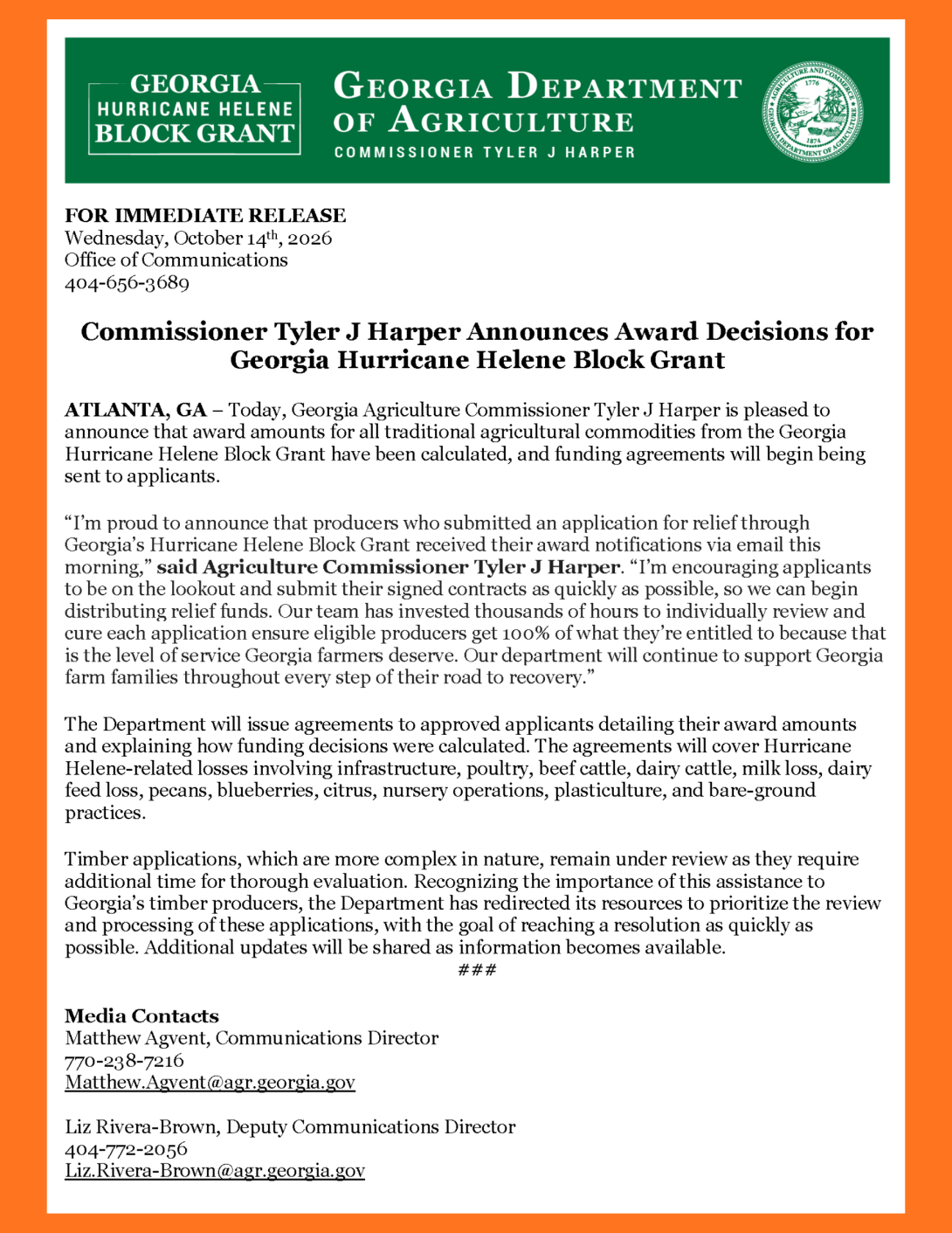 Commissioner Tyler J Harper Announces Award Decisions for Georgia Hurricane Helene Block Grant